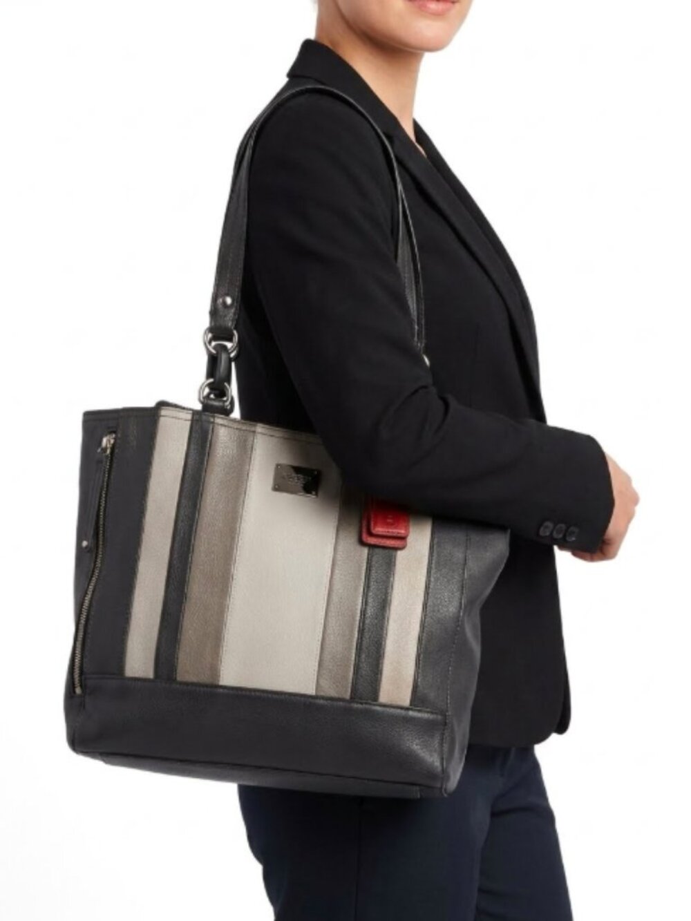 Rosetti Black & Gray Striped Leather Tote Bag